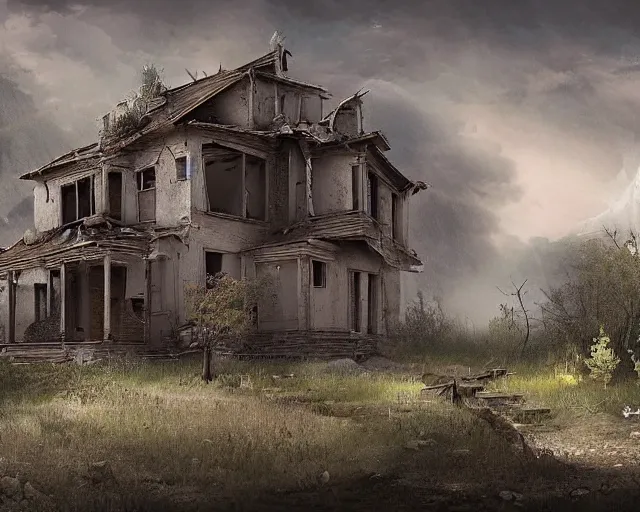 Prompt: a matte painting of abandoned house by naranbaatar ganbold