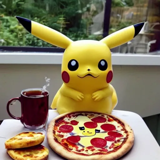 Image similar to Pikachu having tea with pizza.