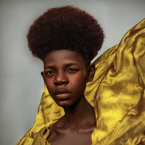 Image similar to extreme detail, african teenager, female, charles vess, gold silk clothes, klimt, hyperealistic, hdri lighting, octane