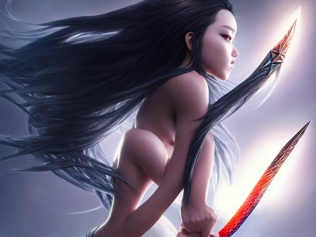 Prompt: extremely beautiful aesthetic ego sword in a shape of girl, black long hair, occlusion shadow, specular reflection, rim light, unreal engine, octane render, artgerm, artstation, art by hiroaki samura and jiro matsumoto and yusuke murata, high quality, highly detailed 8 k, fantasy illustration, beautiful shape of body