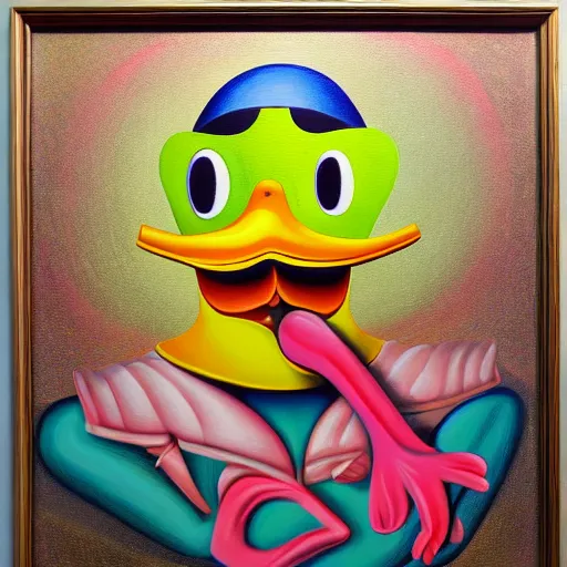 Prompt: a duck on the prowl oil painting kenny scharf