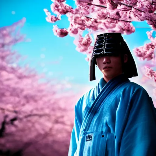 Prompt: ultrarealistic photography android samurai in a historical japanese city cherry blossom blue sky cyberpunk