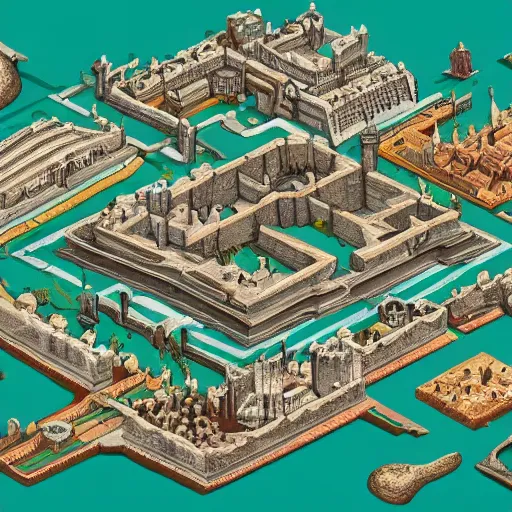 Image similar to a hyper detailed isometric aerial vector view of an ancient kingdom by madmaraca, concept art, level design, highly detailed, 8k wallpaper