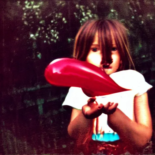 Prompt: dystopian grunge disposable camera photo of a possessed little girl holding a red balloon | horror | nightmare