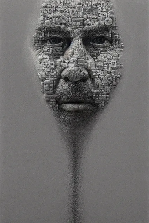 Image similar to ascii art, hyperrealism oil painting, portrait scary ai weiwei style zdzislaw beksinski