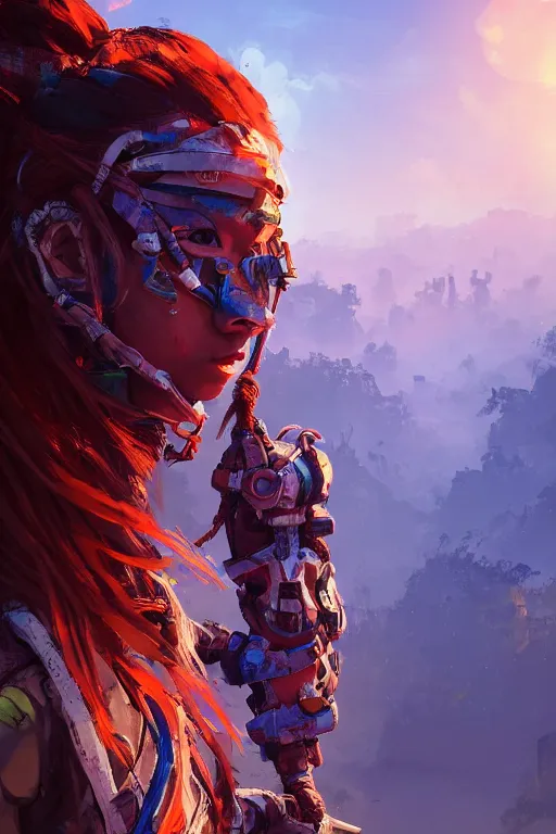 Image similar to combination suit armor aloy horizon forbidden west horizon zero dawn radiating a glowing aura global illumination ray tracing hdr fanart arstation by ian pesty and alena aenami artworks in 4 k tribal robot ninja mask helmet backpack