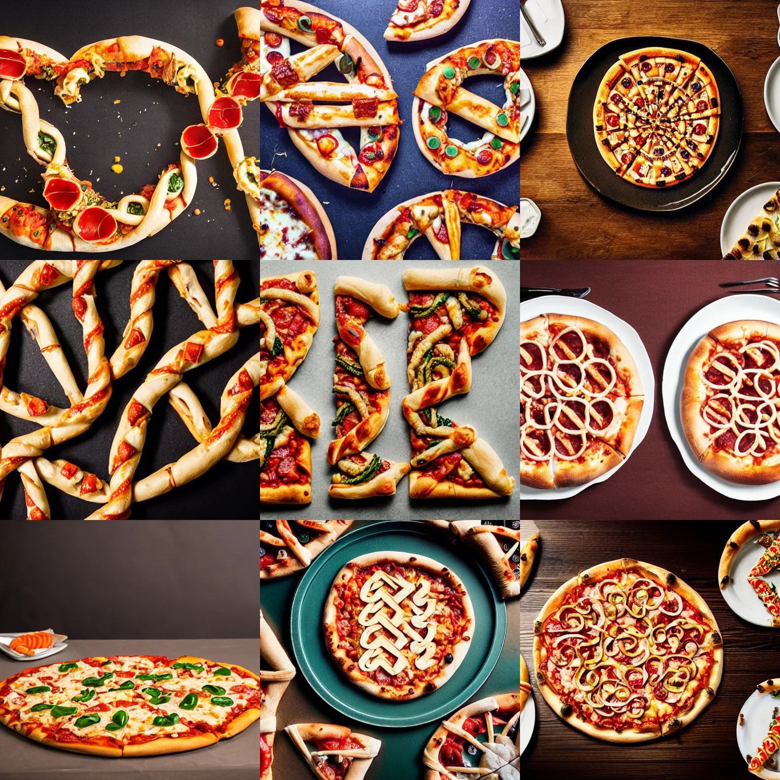 Prompt: a double helix made of pizza, shape of a double helix, on a table, professional food photography