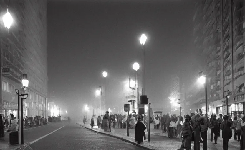 Prompt: !dream 1990s movie still of a german street with a large crowd of philosophers, with stalinist style highrise, cinestill 800t 35mm black and white, heavy grainy picture, very detailed, high quality, 4k panoramic, hd criterion streetlight at night, foggy