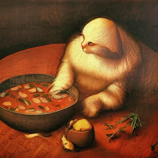 Image similar to the cat cooks soup, drawn by Leonardo Da Vinci, oil painting, trending in Artstation, artstationHD, 4k