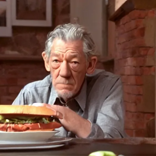 Image similar to film still of ian mckellen disappointed by a sandwich