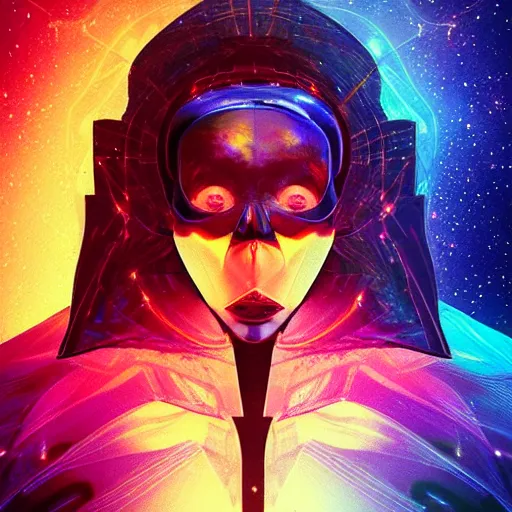 Prompt: portrait from a avian bird alien, feathers, synthwave, universe background, nebula, galaxy, artstation