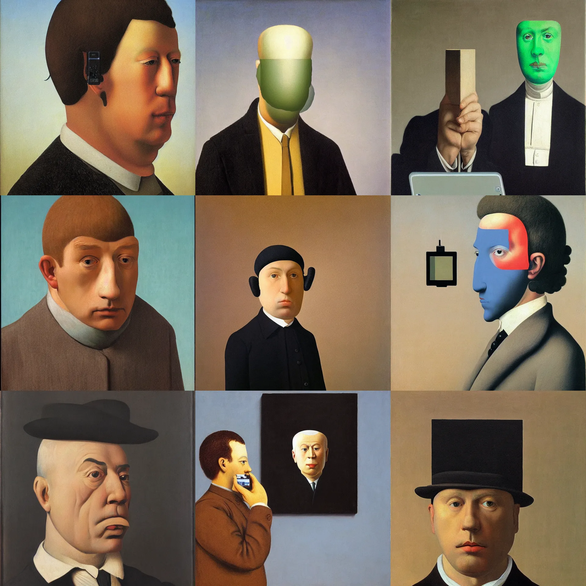 Prompt: front view portrait of a man with a cell phone in front of his face, painted by rene magritte and rembrandt