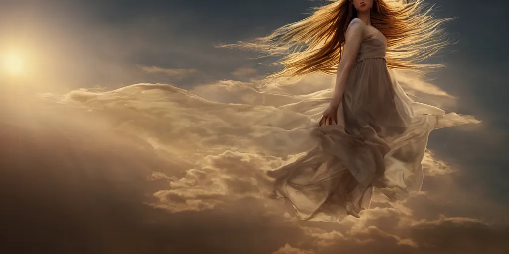 Prompt: realistic scene of a mysterious woman in silky clothes with long golden hair walking on a clouds trying to touch the sun, detailed, 1 4 5 0, delicate, hyper realism, ultra realistic, 8 k