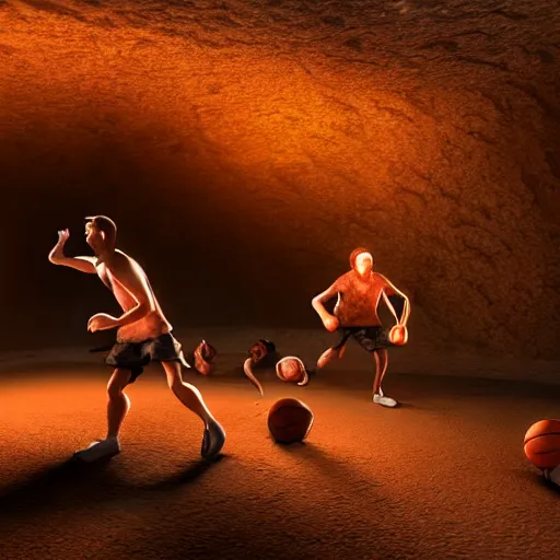 Image similar to high resolution unreal engine render of cavemen playing basketball inside cave at night, cave lit by torch light, stalagmites