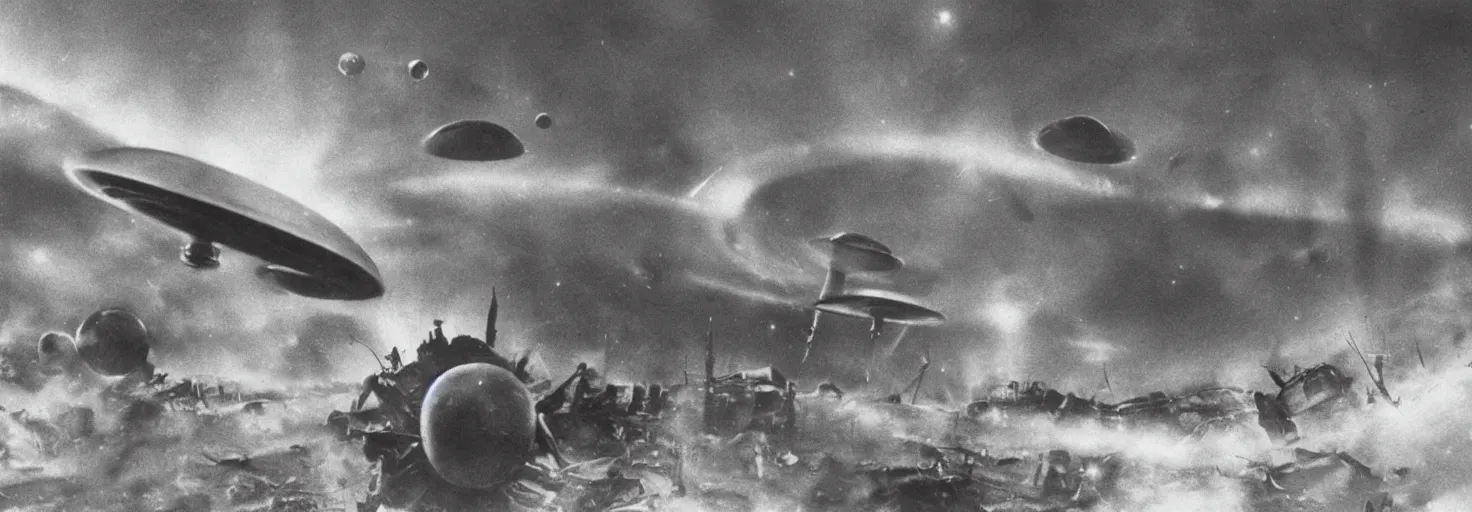 Image similar to Invasion of an alien life form in Germany, black and white photography, World War II, destruction, ufo, flying saucers, laser weapons, outerspace, technology