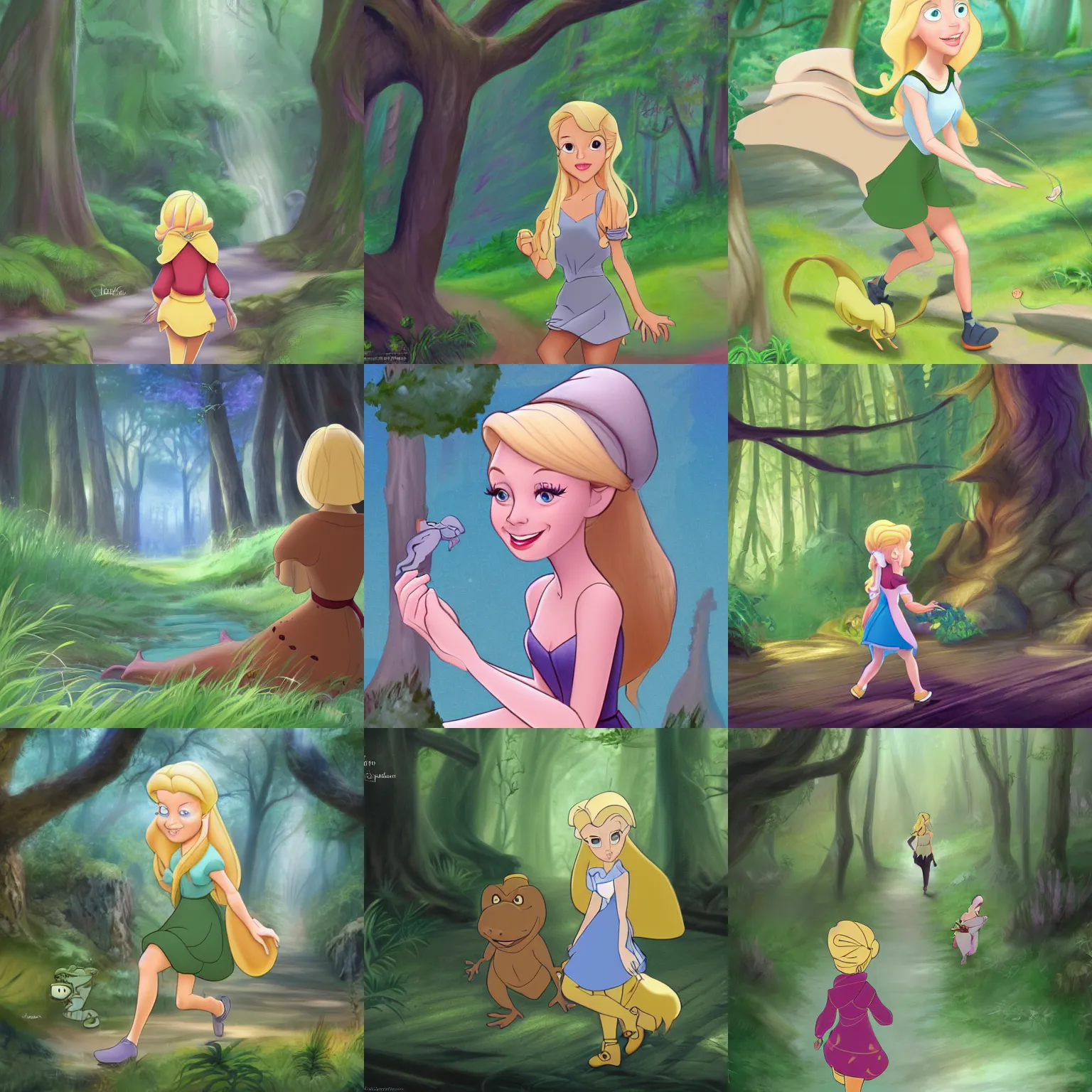 Prompt: illustration of a blonde girl! following a frog! in a forest, in the style of don bluth's anastasia, disney, fantasy, trending on artstation, beautifully detailed, children's animated films, artistic, realistic, award winning, 4 k, bluray, screenshot, 2 d