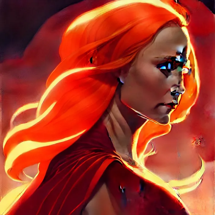 Image similar to style artgerm, joshua middleton, gerald brom, beautiful kristen bell with dark red dress, very long orange hair, symmetrical face, symmetrical eyes, fire powers fire swirling, detailed, volcano setting, cinematic lighting