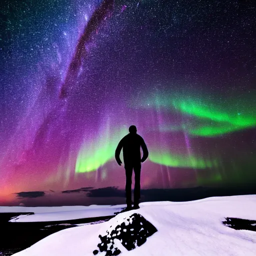 Image similar to 4K Epic Ultra HD detailed award-winning wallpaper silhouette of lonely man standing on rock looking at huge vast sky universe Milky Way aurora