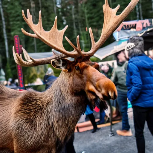 Prompt: a moose with maple leaves on antlers selling coffee at a stand, realistic, 8 k