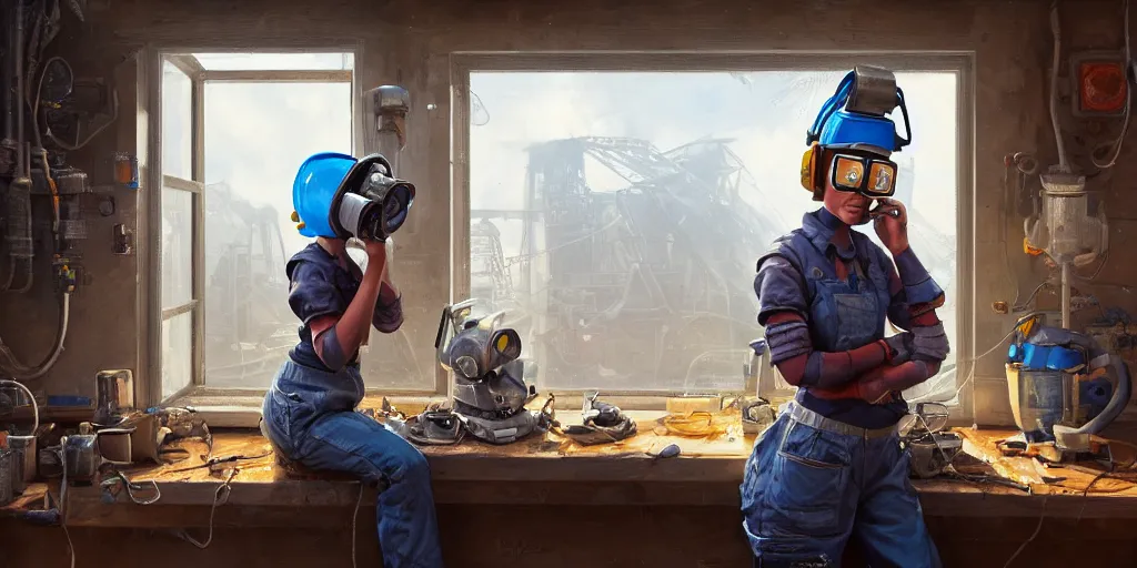 Prompt: highly detailed portrait painting of welder girl, room mono window, table mess, by eddie mendoza and tyler edlin, 8 k resolution