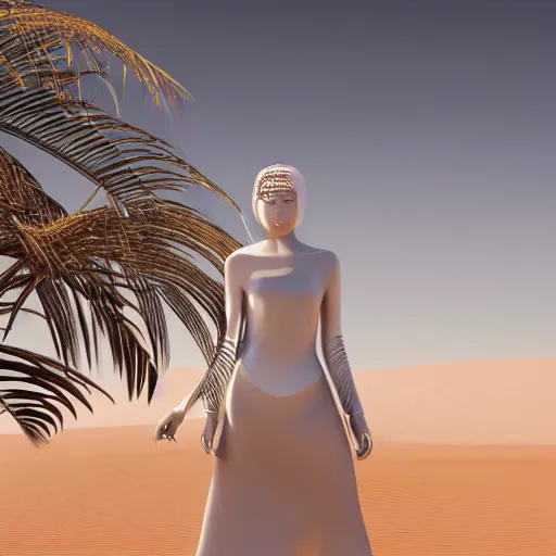 Prompt: innovative avant-garde art, deco fashion, japanese women, white theme, highly detailed, photorealistic portrait, serene desert setting, golden hour, crisp quality and light reflections, unreal engine 5 quality render