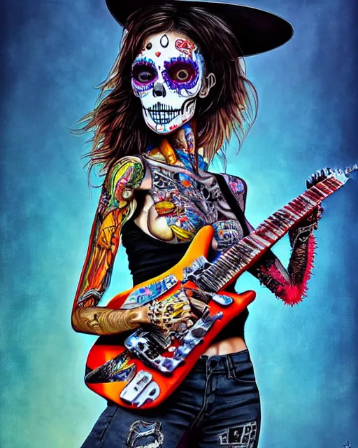 Prompt: a portrait of an anthropomorphic cyberpunk dia de los muertos, shredding an electric guitar by sandra chevrier, by jon foster, detailed render, epic composition, cybernetics, 4 k realistic, fender stratocaster, cryengine, realistic shaded lighting, sharp focus, masterpiece, by enki bilal