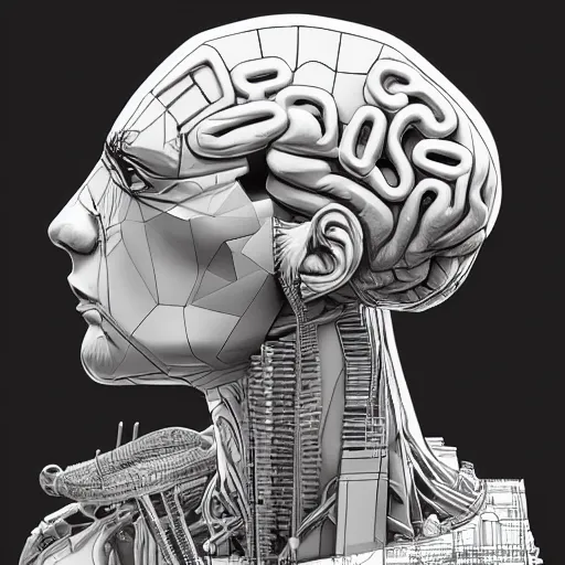 Prompt: a statue constructing a mind / brain piece by piece, highly detailed, artstation, smooth, sharp focus, clean shaped colored cyberpunk digital artwork by kim jung gi, leonardo davinci, mc escher, moebius, cyberpunk