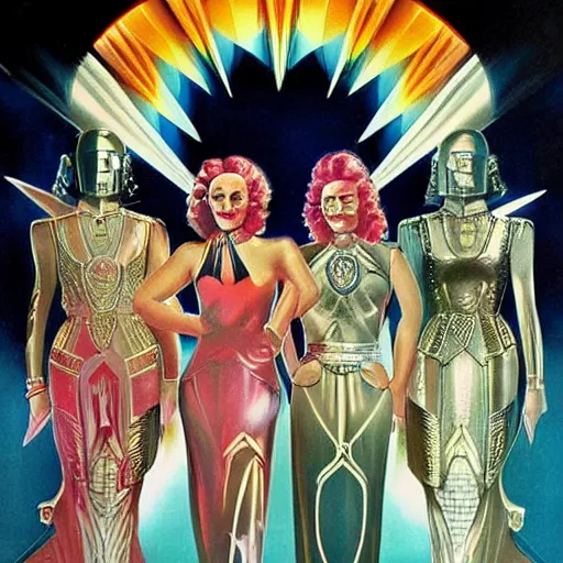 Prompt: 1 9 8 0's fantasy airbrush artwork, inside giant massive art deco palace, knights in art deco armor, maidens in long art deco dresses