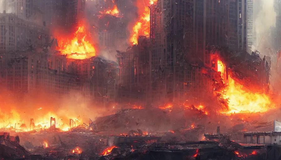 Prompt: movie poster of chicago destroyed by giant robots, fire, smoke columns, debris, ashes, collapsing, hyperdetailed, artstation, cgsociety, 8 k