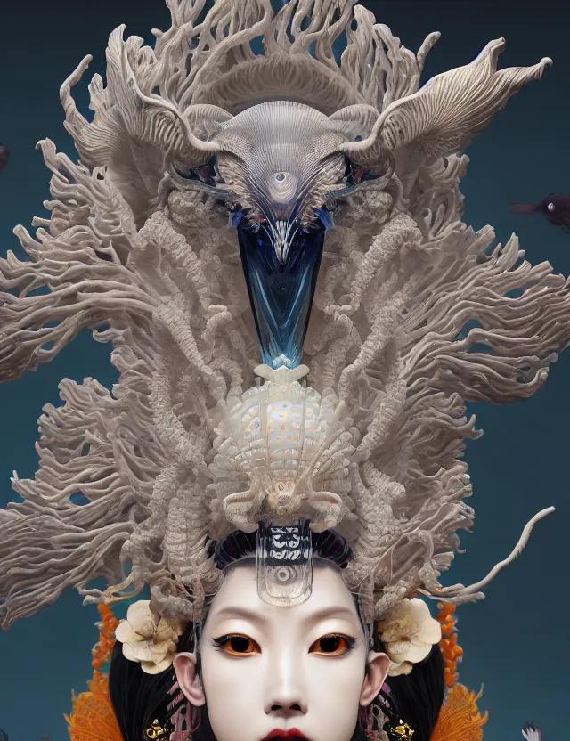 Image similar to 3 d goddess close - up frontal portrait with ram skull. beautiful intricately detailed japanese crow kitsune mask and clasical japanese kimono. betta fish, jellyfish phoenix, bio luminescent, plasma, ice, water, wind, creature, artwork by tooth wu and wlop and beeple and greg rutkowski