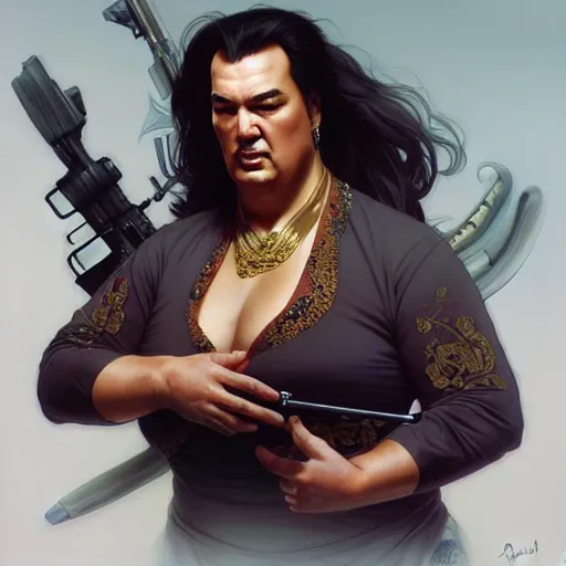 Prompt: Obese Steven Seagal, fantasy, intricate, elegant, highly detailed, digital painting, artstation, concept art, matte, sharp focus, illustration, art by Artgerm and Greg Rutkowski and Alphonse Mucha