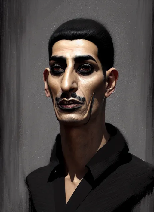 Prompt: portrait of an egyptian man with a crooked nose and a confident expression, 1 9 6 0 s, black clothes, goth, punk, funk, intricate, elegant, highly detailed, digital painting, artstation, concept art, smooth, sharp focus, illustration, art by wlop, mars ravelo and greg rutkowski