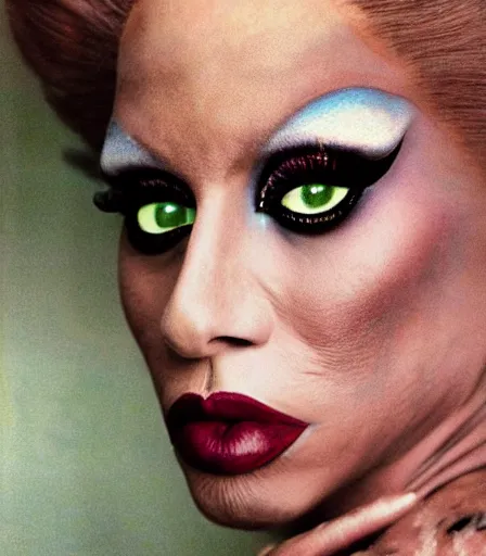 Prompt: a high quality, high detail, portrait of a drag queen by annie leibovitz, intense look in the eyes, moody, nostalgic