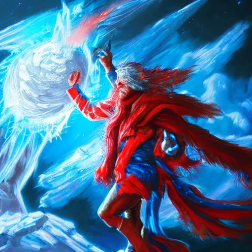 Image similar to Highly detailed oil painting, concept art, of a wizard casting a fireball spell, fighting against a huge ice giant, red and blue color scheme, concept art, highly detailed.