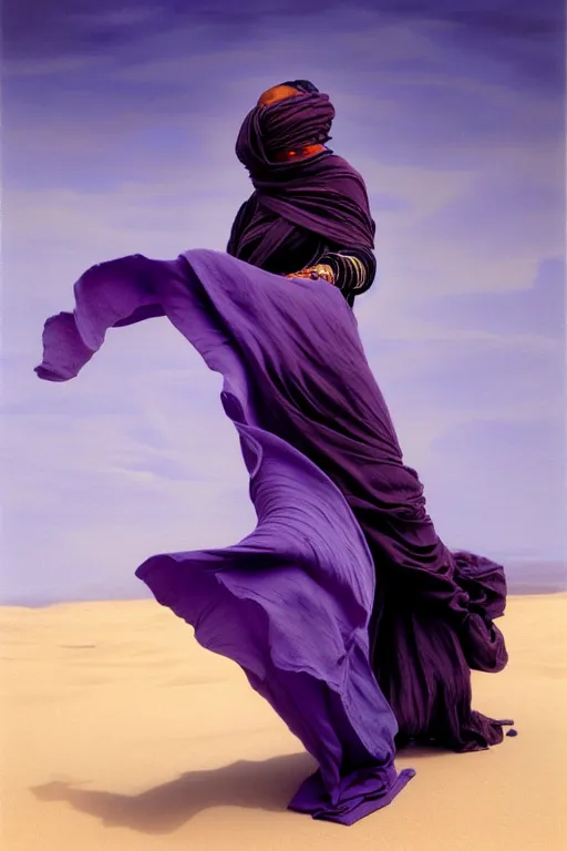 Image similar to full lenght flowing twisted clothes like tornado a old tuareg woman, many fabric, stones near foot, wind, stands on sand, full body shot, dark background, pastel purple colour scheme, jellyfish phoenix, highly detailed. by caravaggio, greg rutkowski