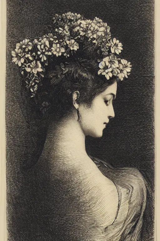 Image similar to extreme close-up, portrait of a beautiful french woman from behind with flower in the head, Gustave Dore lithography