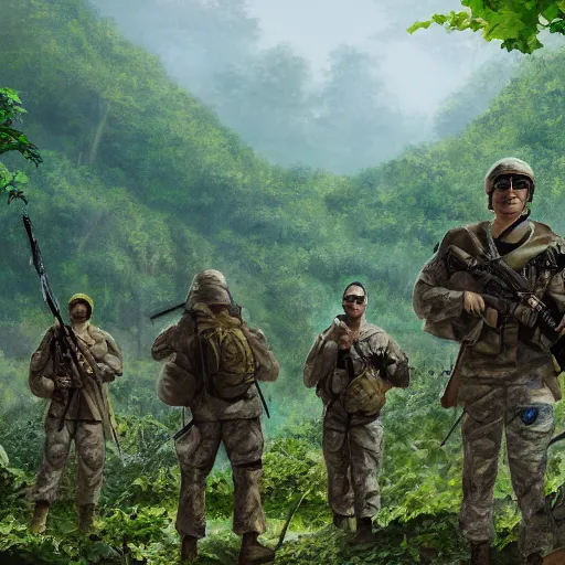 Prompt: an army of american soldiers wearing camouflage standing in the ruins of a destroyed monastery, they are in a jungle with vines everywhere, painting, artstationhq