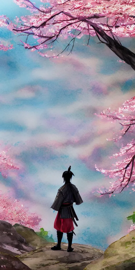 Image similar to A lone samurai watching over a valley of cherry blossom trees, water color painting, concept art, HD