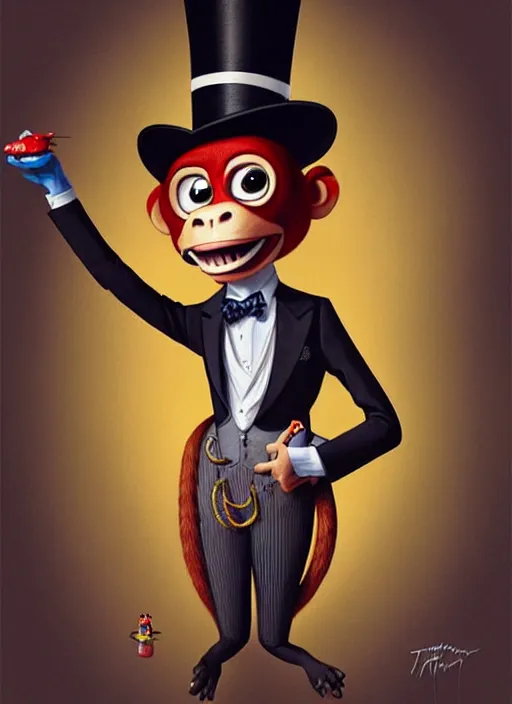 Prompt: an anthropomorphic monkey in a fancy suit and a top hat, pixar style by tristan eaton, artgerm, tom bagshaw