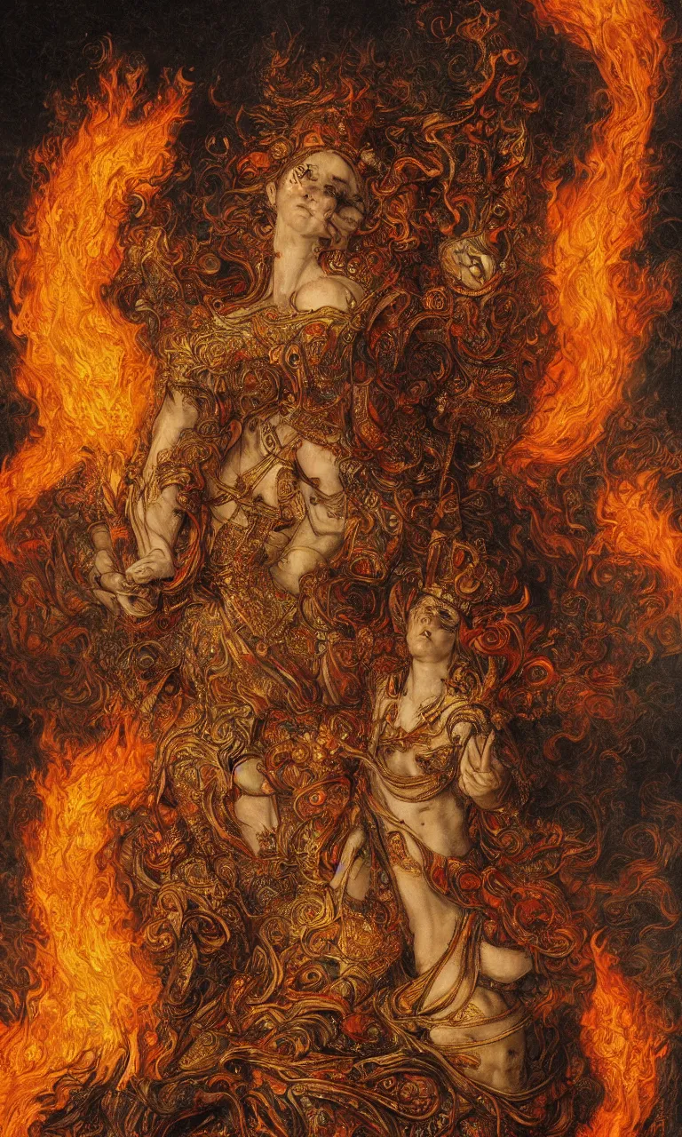 Prompt: breathtaking detailed painting of fire dancer, christian saint, in the middle of a rosace of flames, on a sunlit plaza with a cathedral in the center, ornate background, one person, by Rembrandt, Rebecca guay, 8K