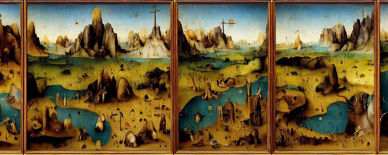 Image similar to Desert Oasis Triptych by Hieronymus Bosch, surreal oil painting, highly detailed, dream like, masterpiece