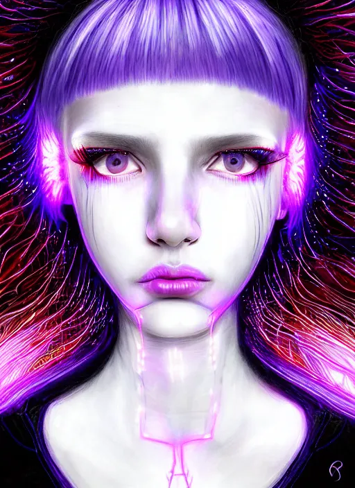 Image similar to hair whitebangs hair, black cyberlox, portrait of teenage girl with white bangs, whitebangsblackhair, messy bangs, cyberlox, whitebangs, red irises, purple clothes, intricate, elegant, glowing lights, highly detailed, digital painting, artstation, concept art, sharp focus, illustration, art by wlop, mars ravelo and greg rutkowski