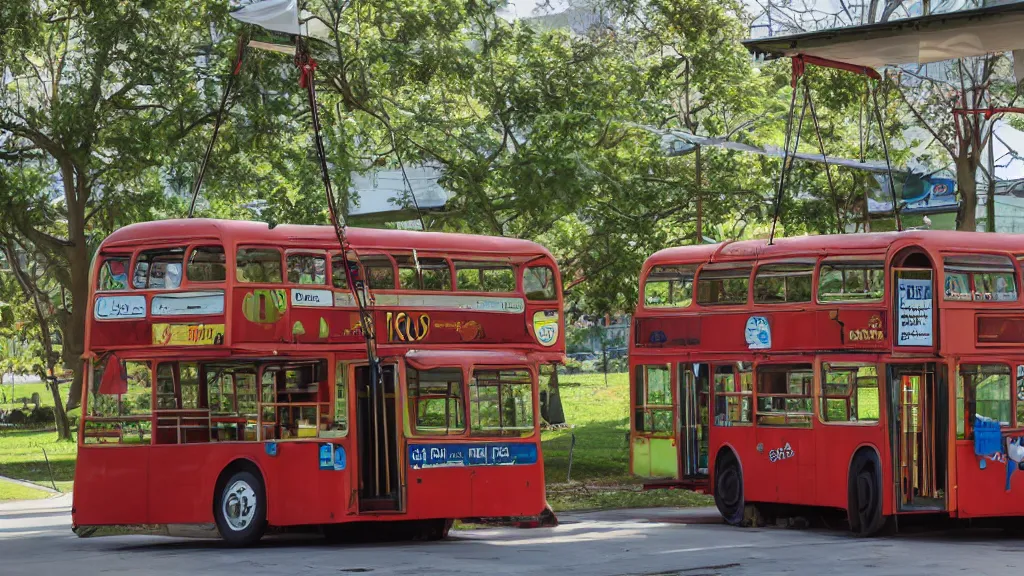 Image similar to cel - shaded well - prepared bus made of swings