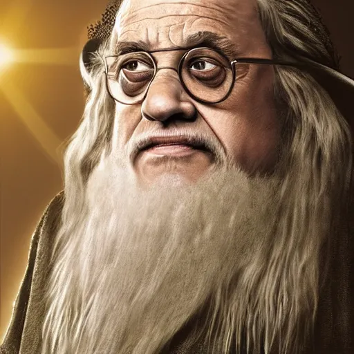 Image similar to ultra realistic illustration, danny devito as gandalf the white from return of the king, full body, high quality, highly detailed, wide angle, illustration, digital art, full color