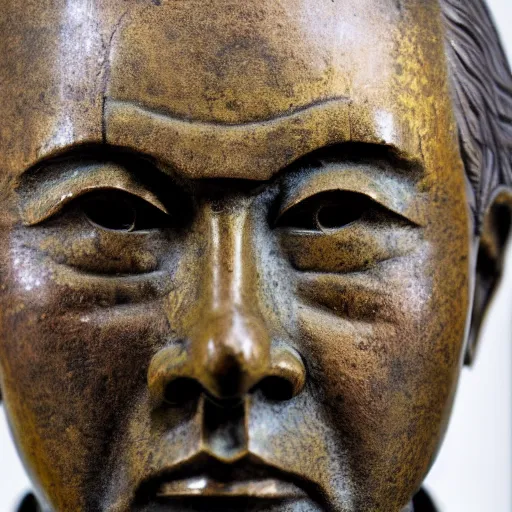 Image similar to close up shot of an old bronze patina statue of kitano takeshi in a museum