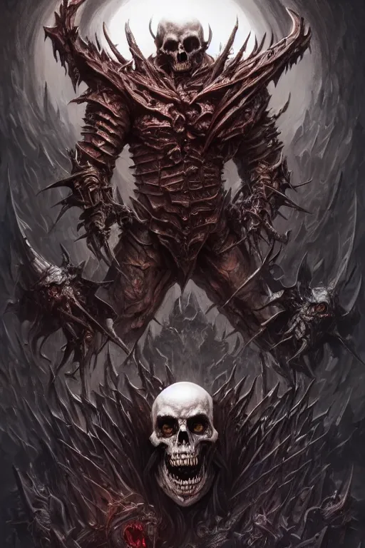 Image similar to death lord stand on skulls, highly detailed, d & d, fantasy, highly detailed, digital painting, trending on artstation, concept art, sharp focus, illustration, global illumination, ray tracing, realistic shaded, art by artgerm and greg rutkowski and fuji choko and viktoria gavrilenko and hoang lap,