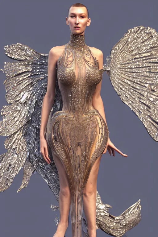 Image similar to a highly detailed 4 k render of a beautiful angel alien goddess bella hadid in iris van herpen dress schiaparelli in diamonds in style of alphonse mucha trending on artstation made in unreal engine 4