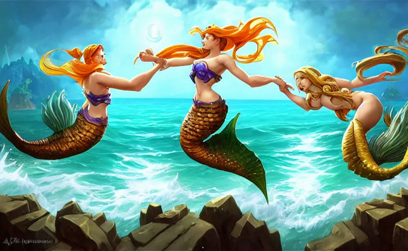 Image similar to looking up at two mermaids leaping from sea to fistbump in midair, whimsical, dungeons and dragons, league of legends splash art, heroes of the storm splash art, hearthstone splash art, world of warcraft splash art, overwatch splash art, art by artgerm, art by alphonse mucha, intricately detailed, highly detailed, trending on artstation,