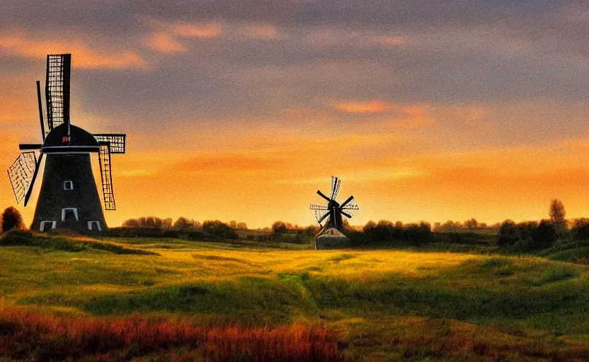 Image similar to a beautiful landscape in the netherlands with a windmill at sunset, in the style of derwent lees