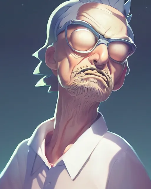 Image similar to rick from rick and morty, medium shot, visible face, detailed, perfectly shaded, perfectly shaded face, atmospheric lighting, by makoto shinkai, stanley artgerm lau, wlop, rossdraws